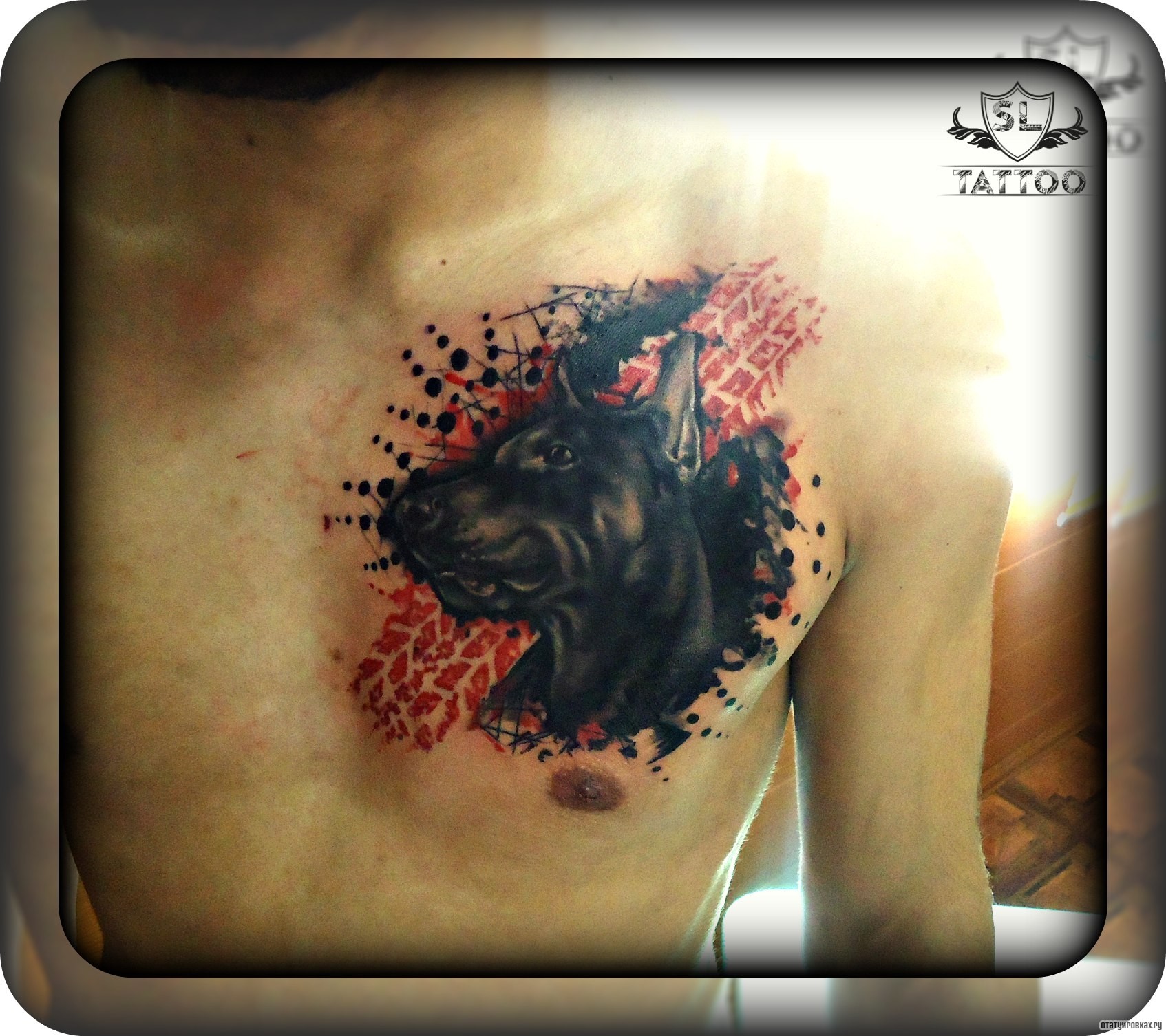 Фотография татуировки под названием «Доберман треш полька»