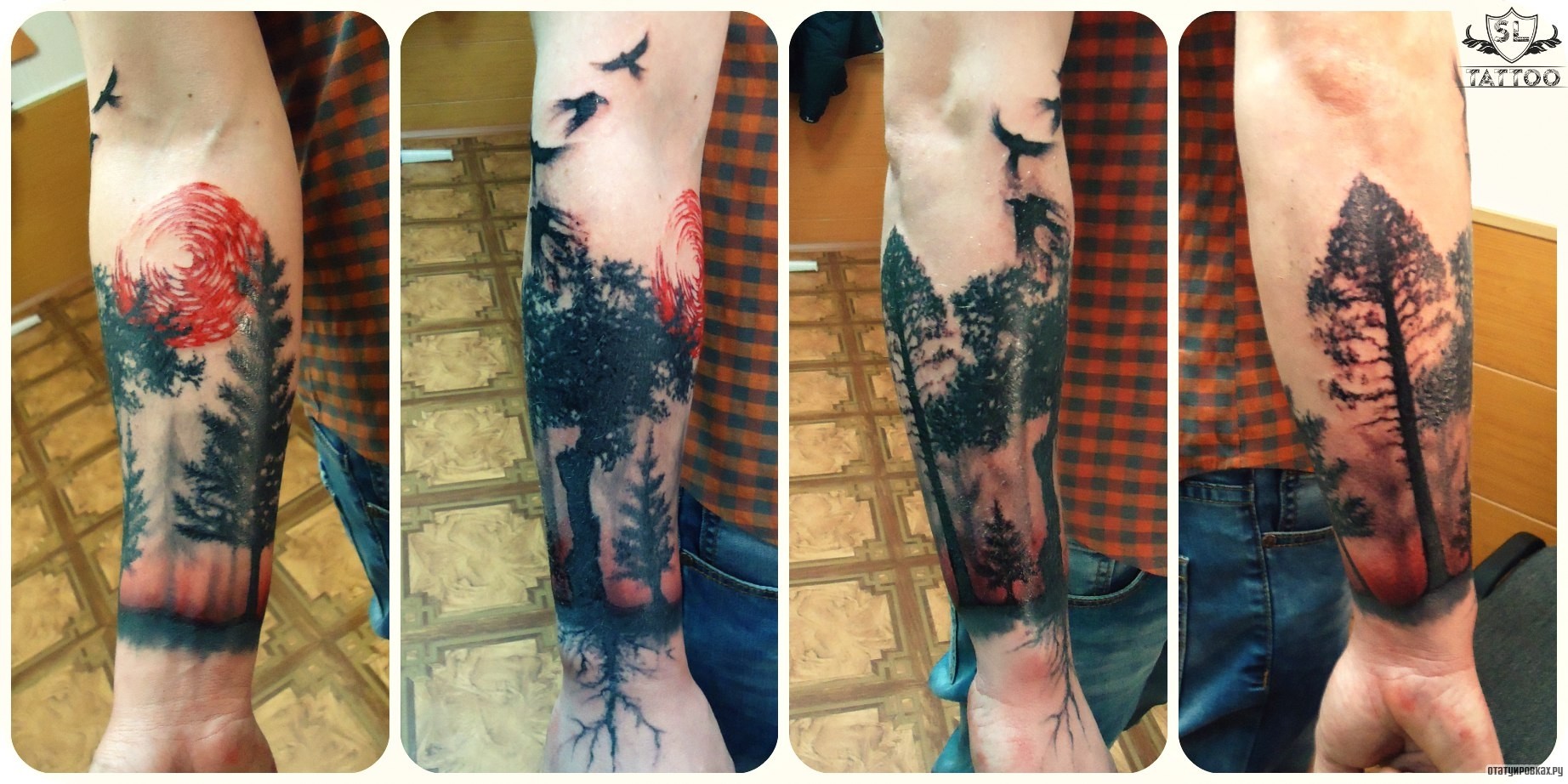 Фотография татуировки под названием «Деревья и стая птиц»