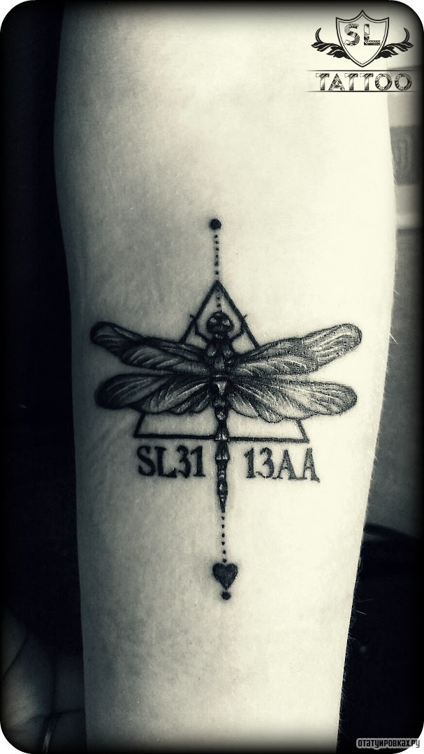 Фотография татуировки под названием «Стрекоза в треугольнике»