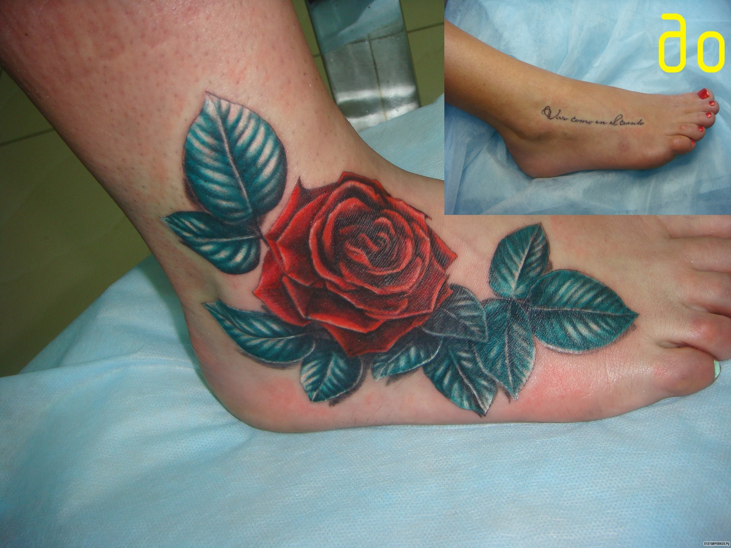 Фотография татуировки под названием «Роза с листьями»