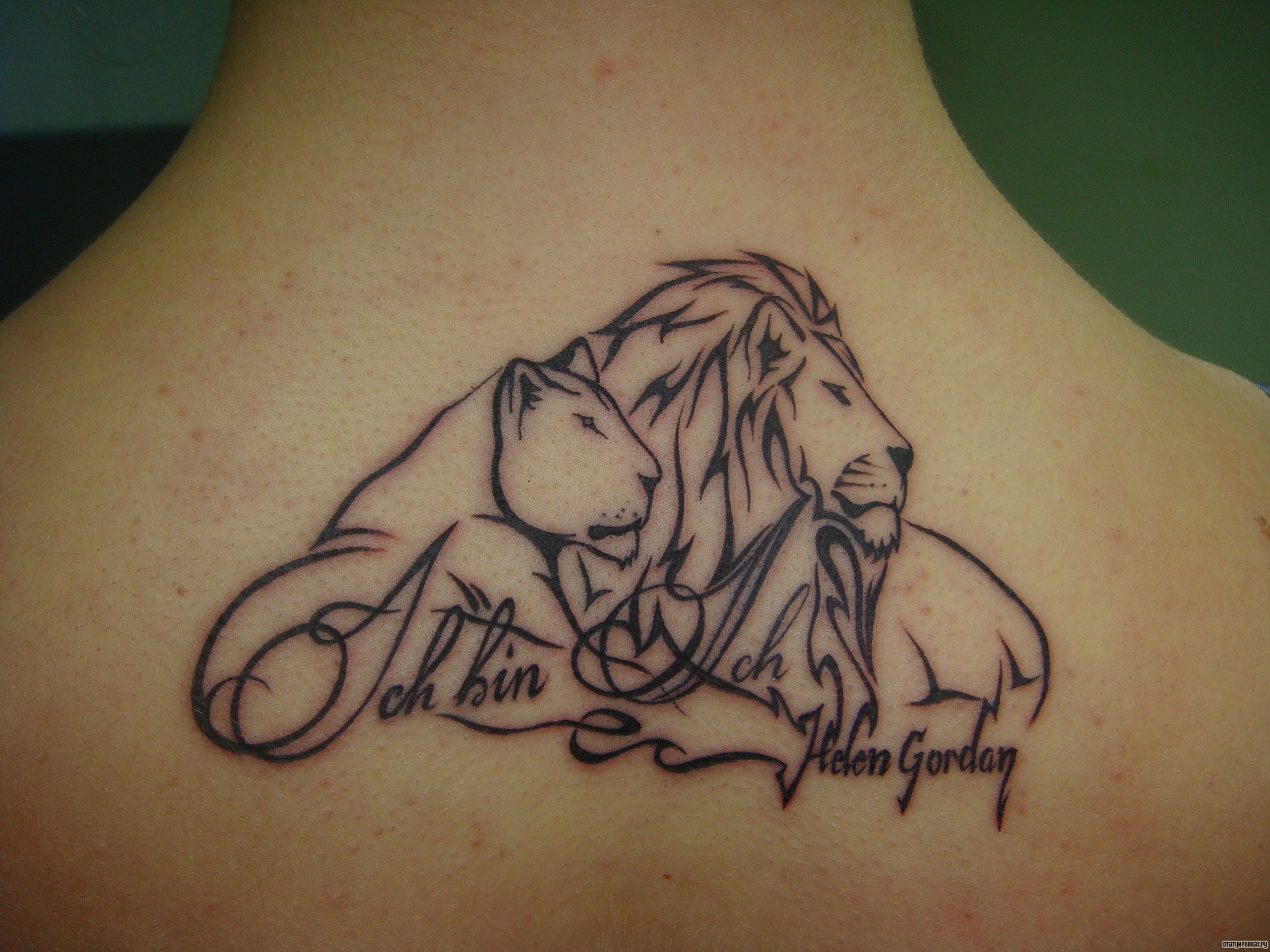 Фотография татуировки под названием «Лев и львица с надписями»
