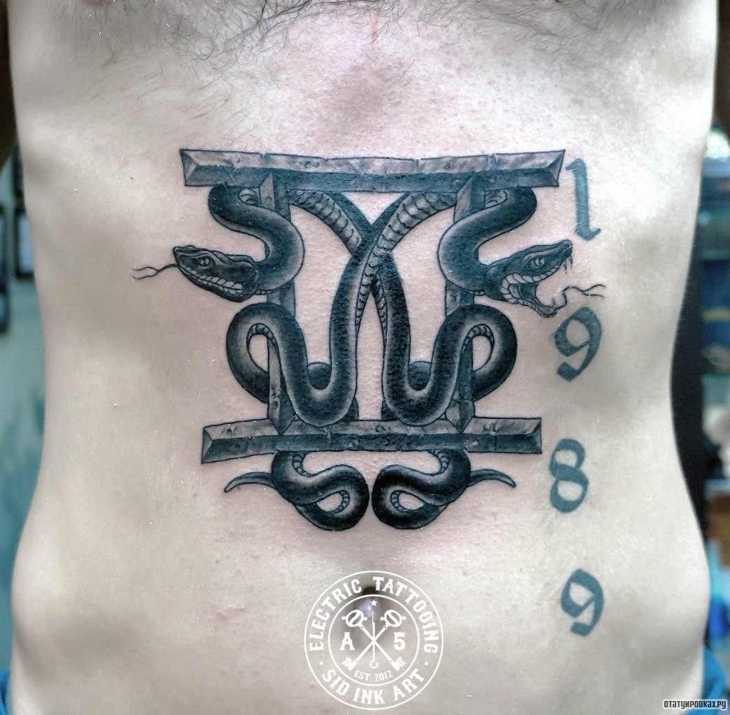 Фотография татуировки под названием «Змеи вокруг руны 2»