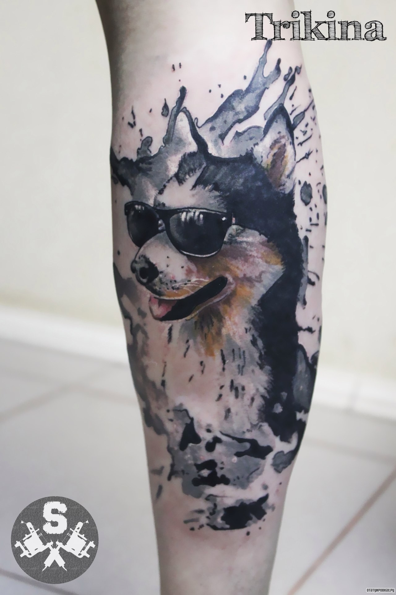 Фотография татуировки под названием «Собака в очках»