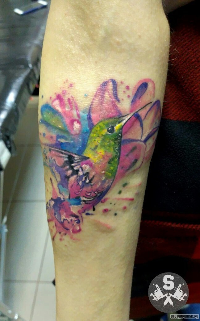 Фотография татуировки под названием «Колибри в цвете»