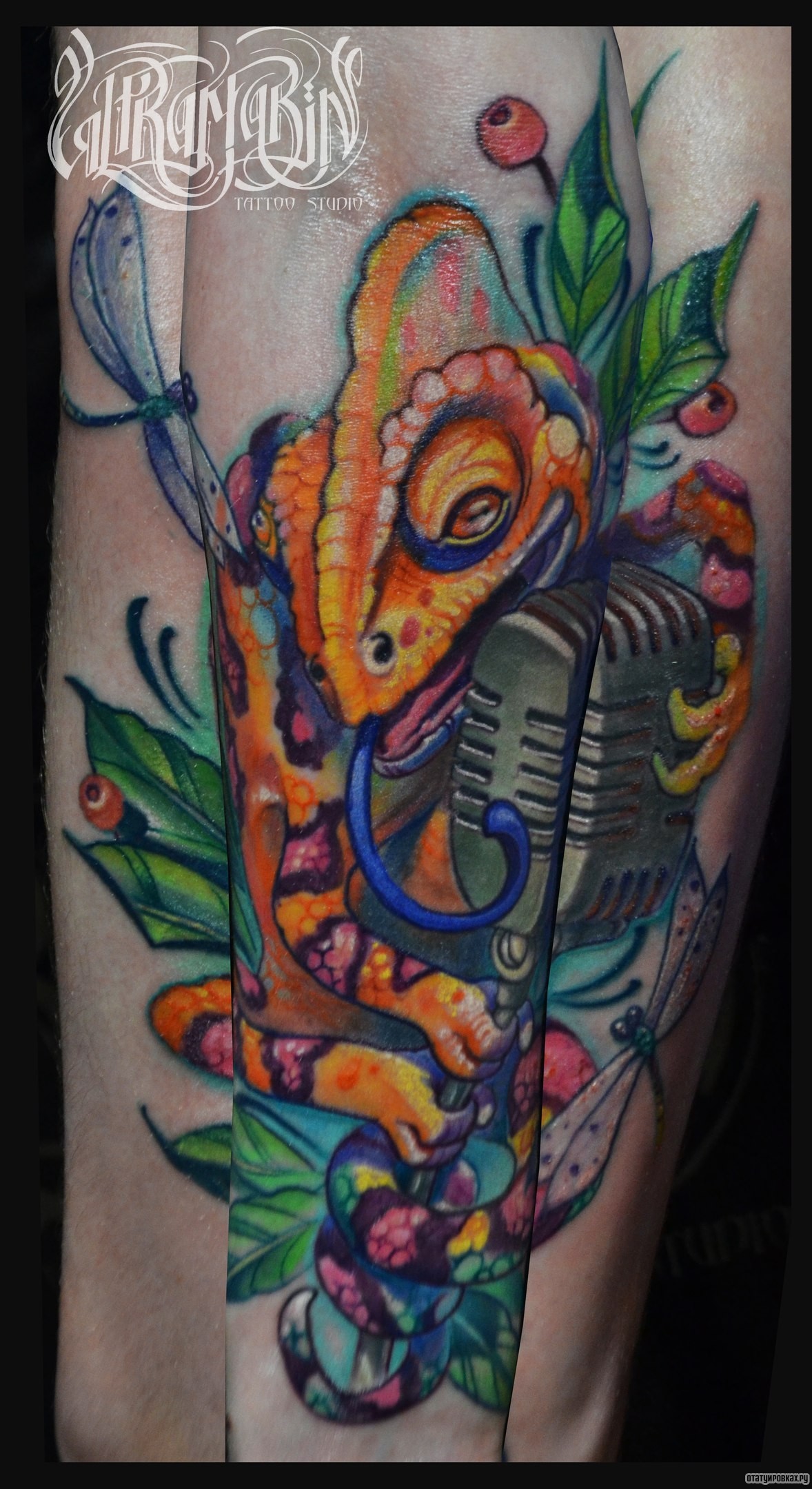 Фотография татуировки под названием «Ящерица и микрофон»