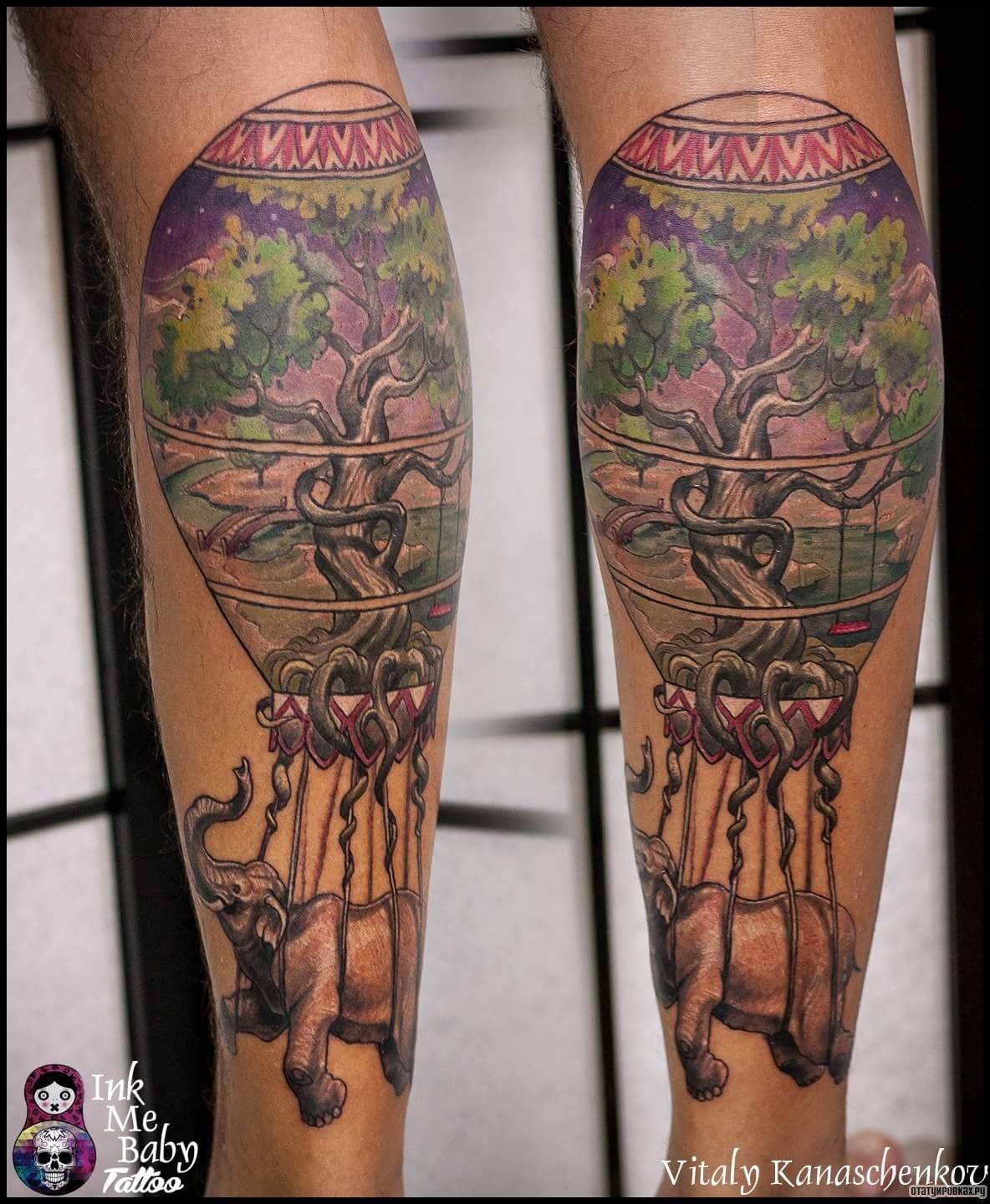 Фотография татуировки под названием «Дерево в воздушном шаре и слон»