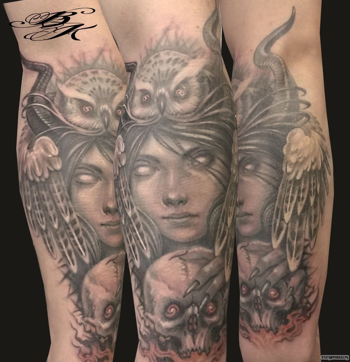 Фотография татуировки под названием «Девушка с совой на голове»