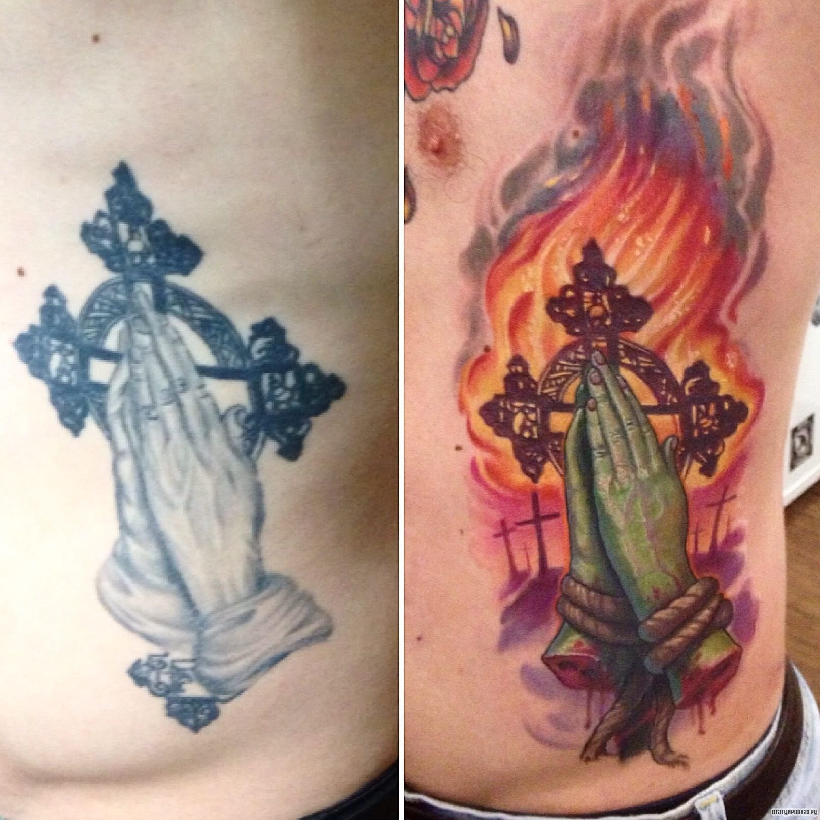 Фотография татуировки под названием «Руки молящегося на фоне креста и пожара»