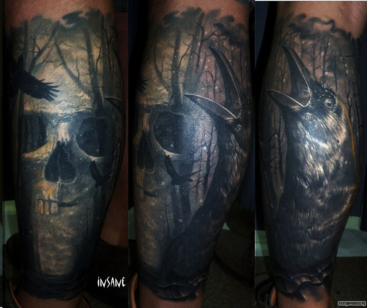 Фотография татуировки под названием «Ворона и череп на фоне деревьев»