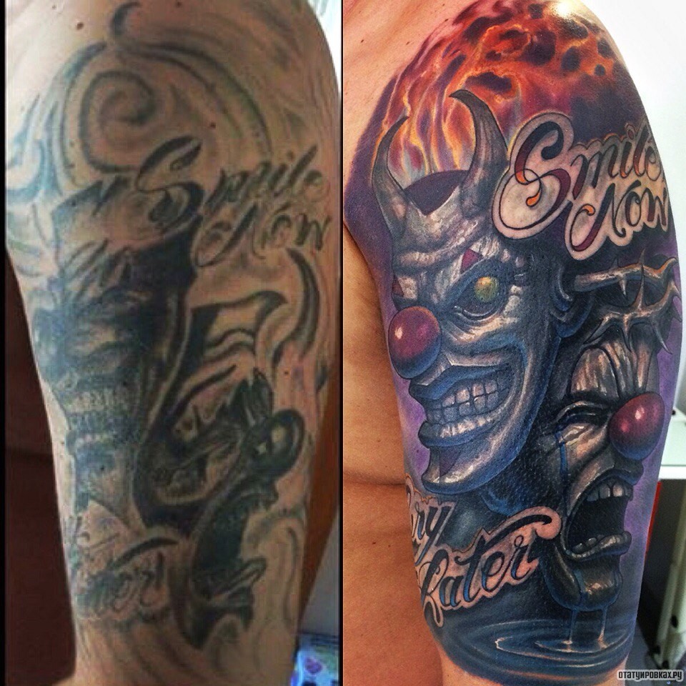 Фотография татуировки под названием «Две маски клоунов»