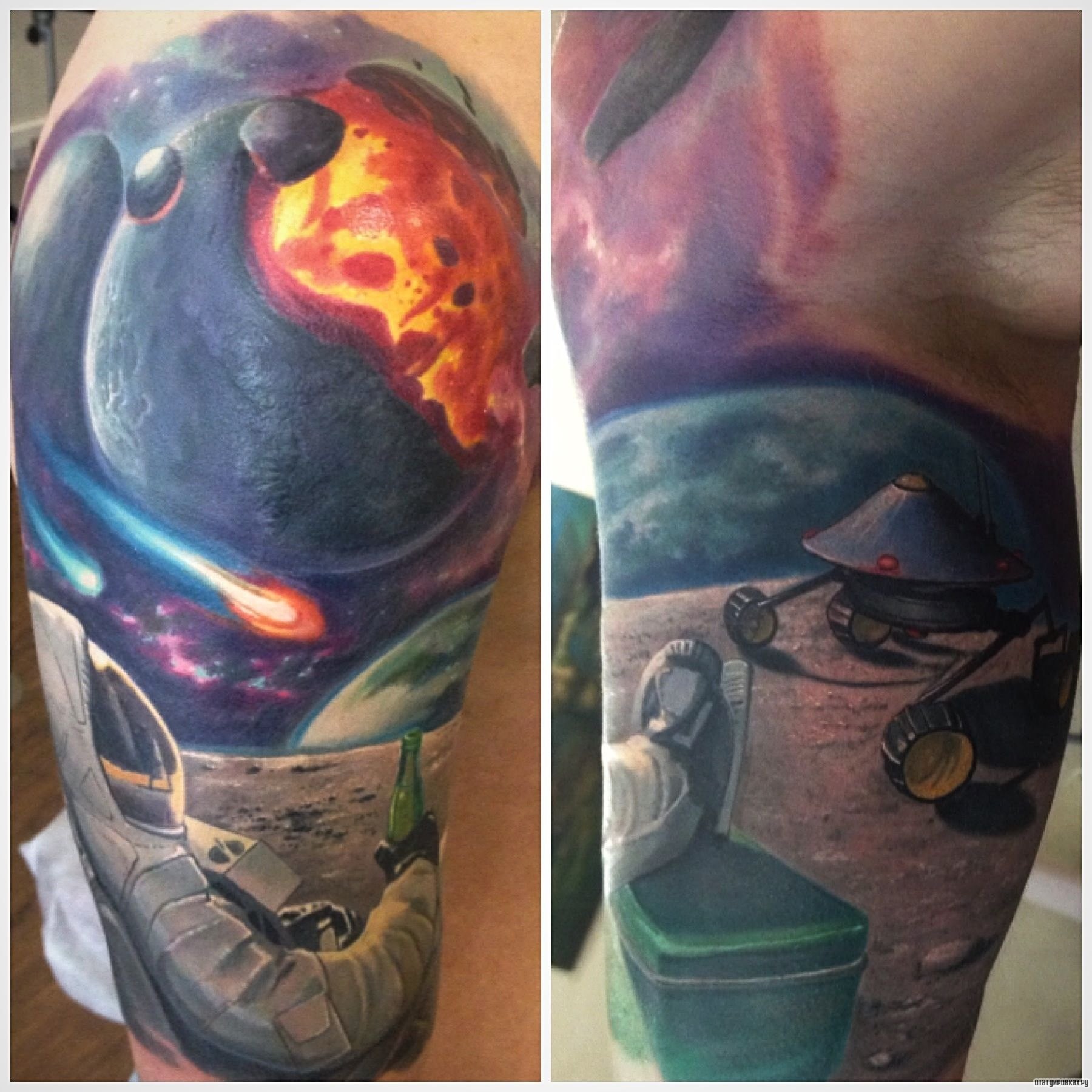 Фотография татуировки под названием «Человек в космосе с бутылкой»