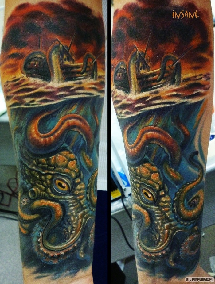 Фотография татуировки под названием «Осьминог и лодка»
