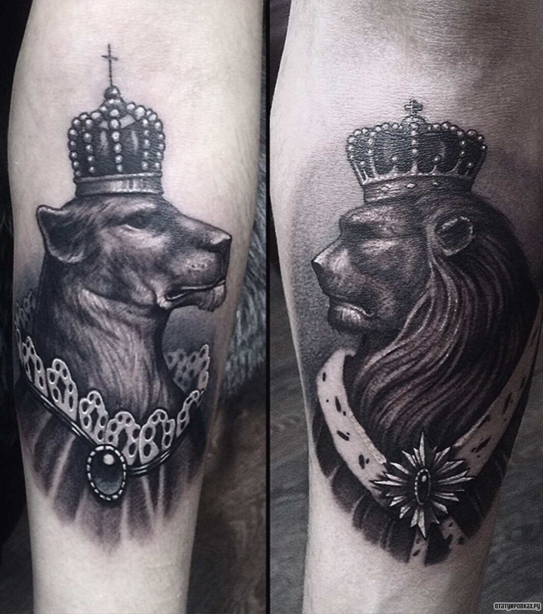 Фотография татуировки под названием «Лев и львица в короне»