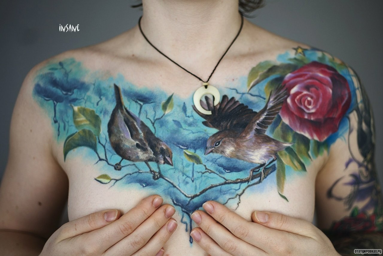Фотография татуировки под названием «Воробьи на ветках и роза»