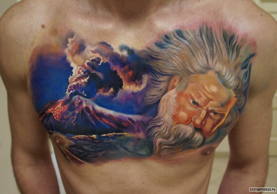 Фотография татуировки под названием «Вулкан и старец»