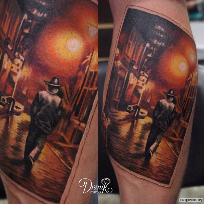 Фотография татуировки под названием «Человек на улице в ночи»
