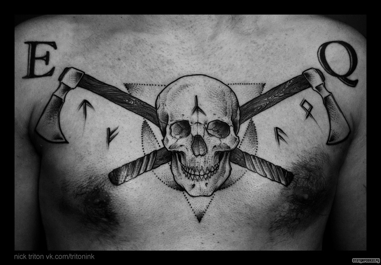 Фотография татуировки под названием «Череп с топорами»