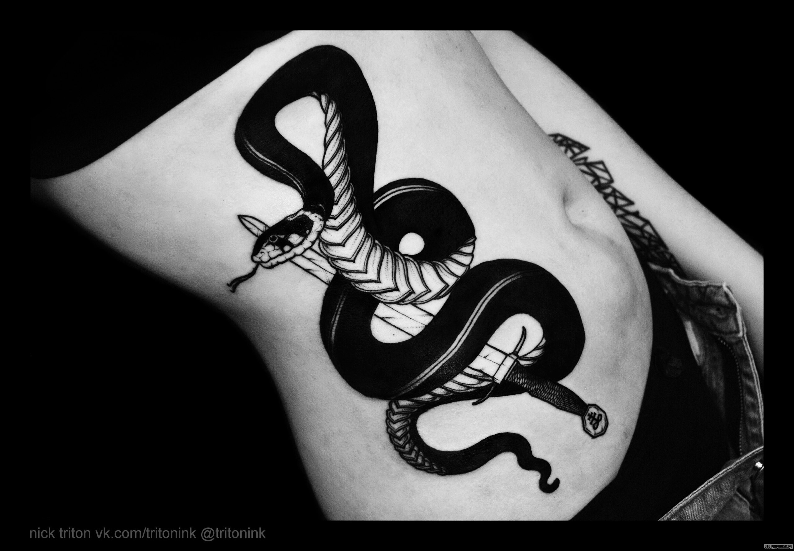 Фотография татуировки под названием «Змея с кинжалом»