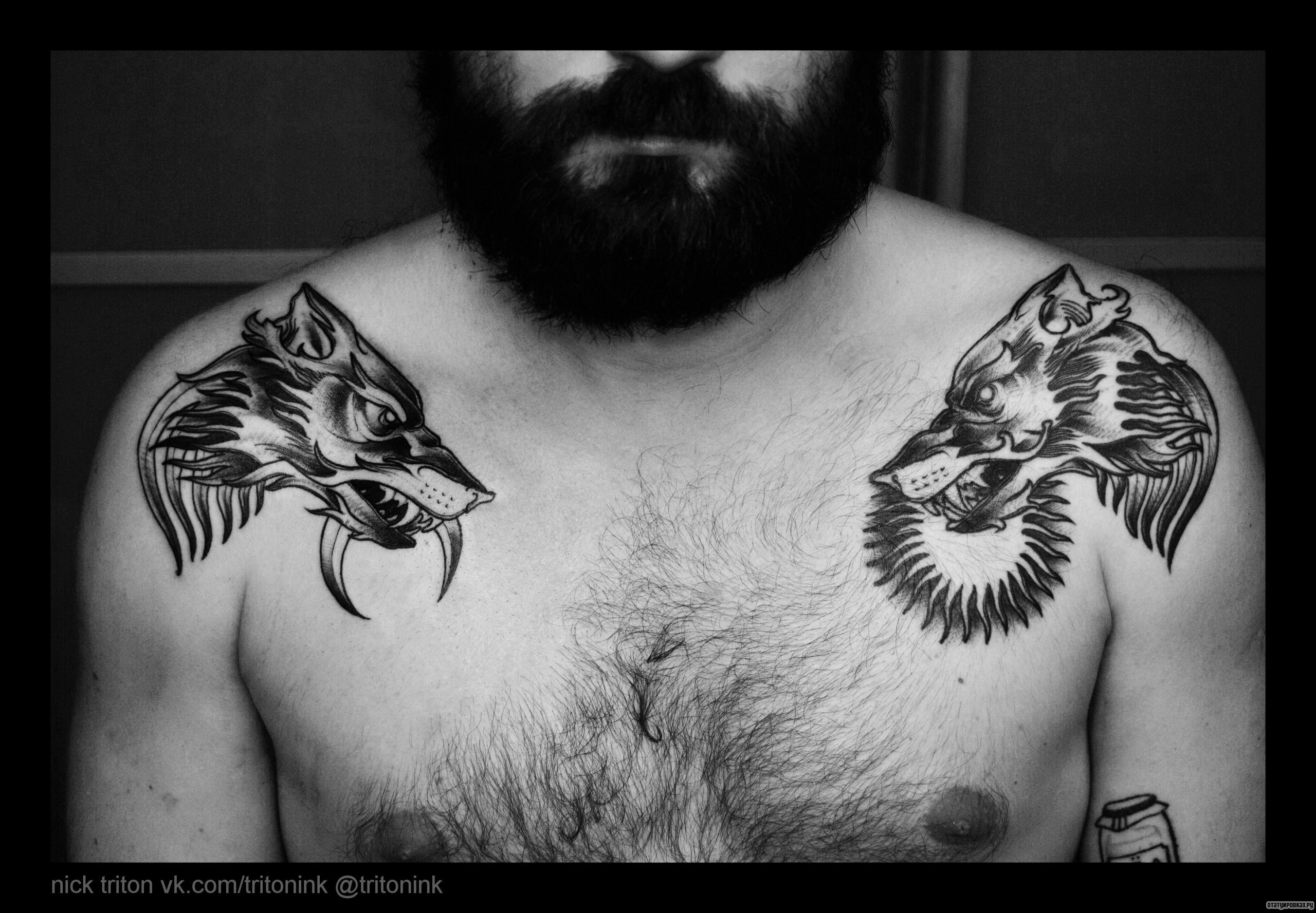 Фотография татуировки под названием «Два волка, месяц и солнце»