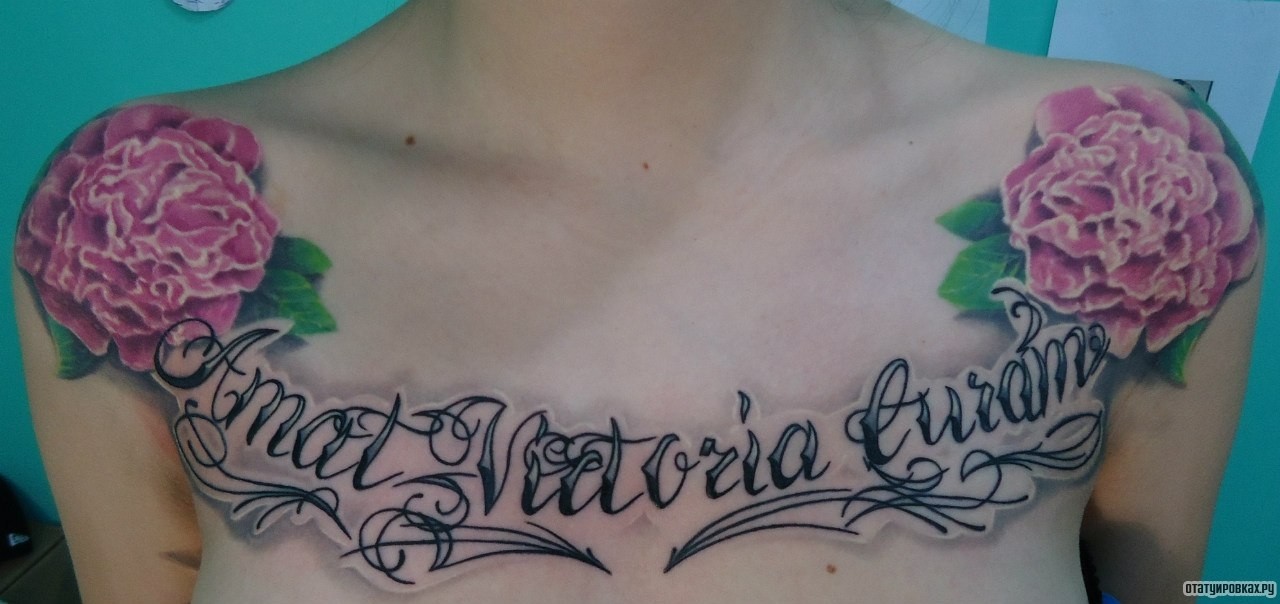 Фотография татуировки под названием «Надпись и спионами на плечах»