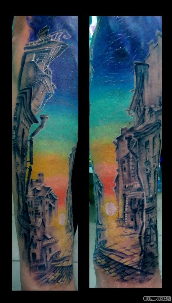 Фотография татуировки под названием «Город, закат»
