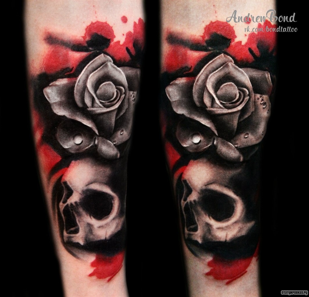 Фотография татуировки под названием «Череп и роза треш полька»