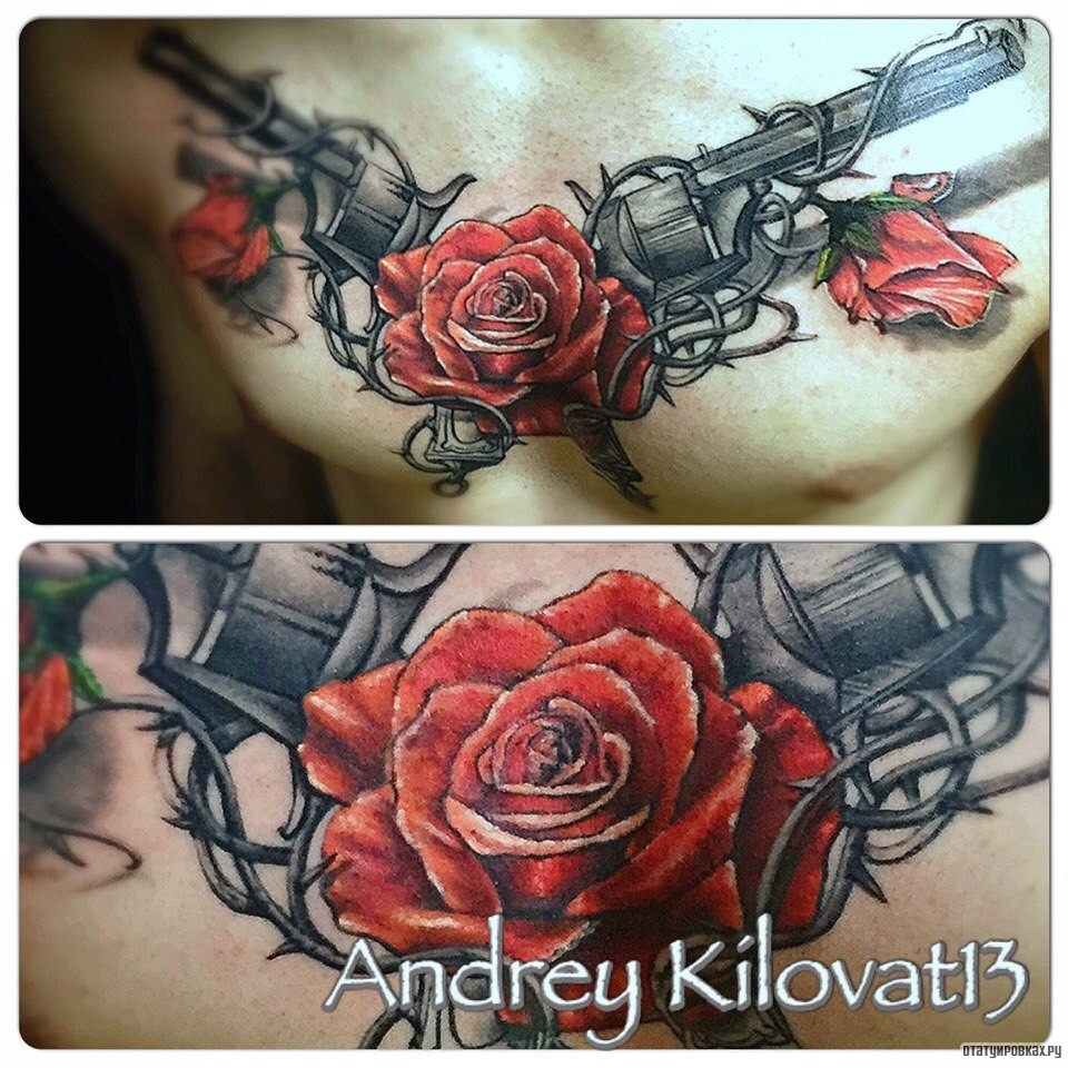 Фотография татуировки под названием «Тистолеты с розами»