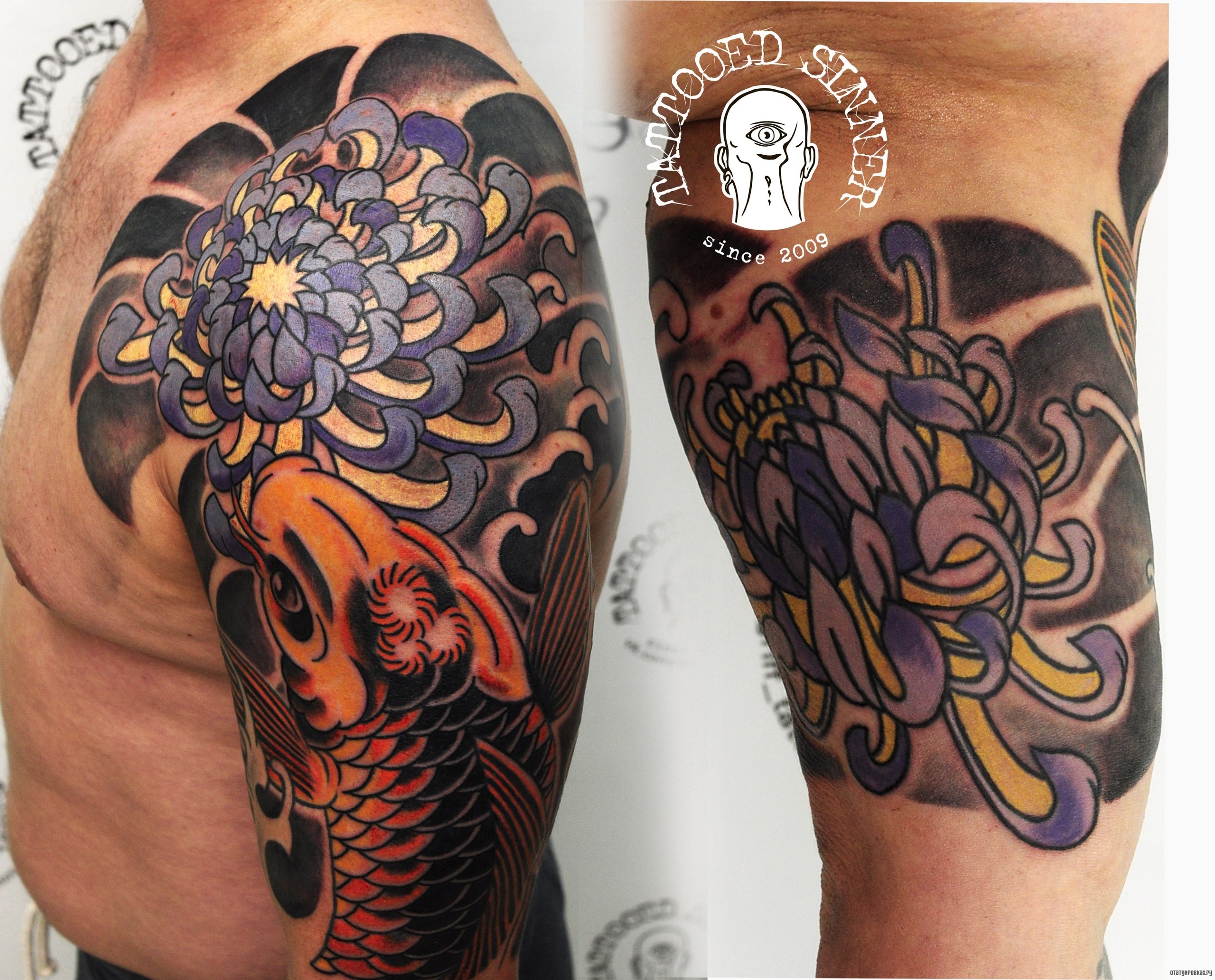 Фотография татуировки под названием «Карп с цветами»