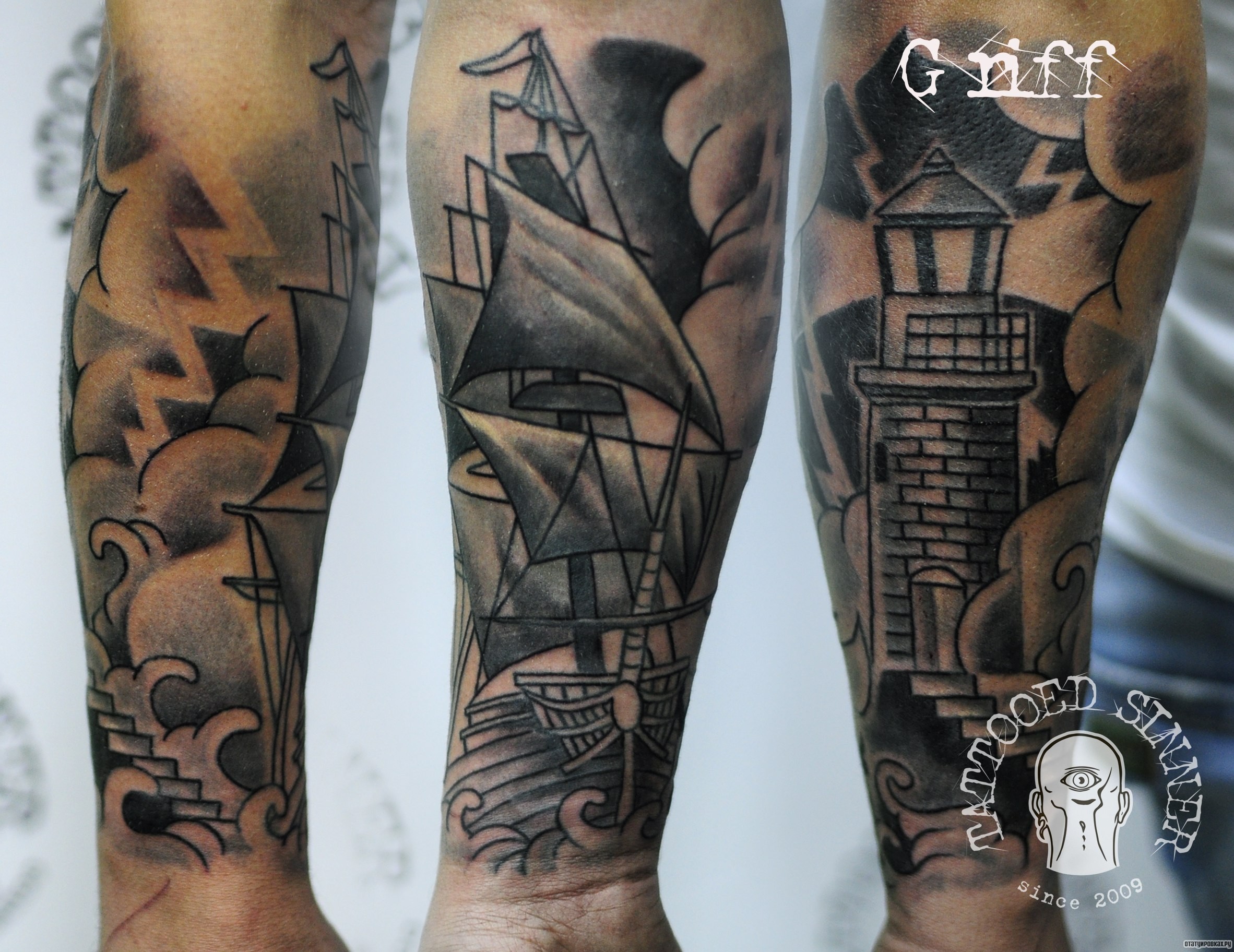 Фотография татуировки под названием «Парус и башня»