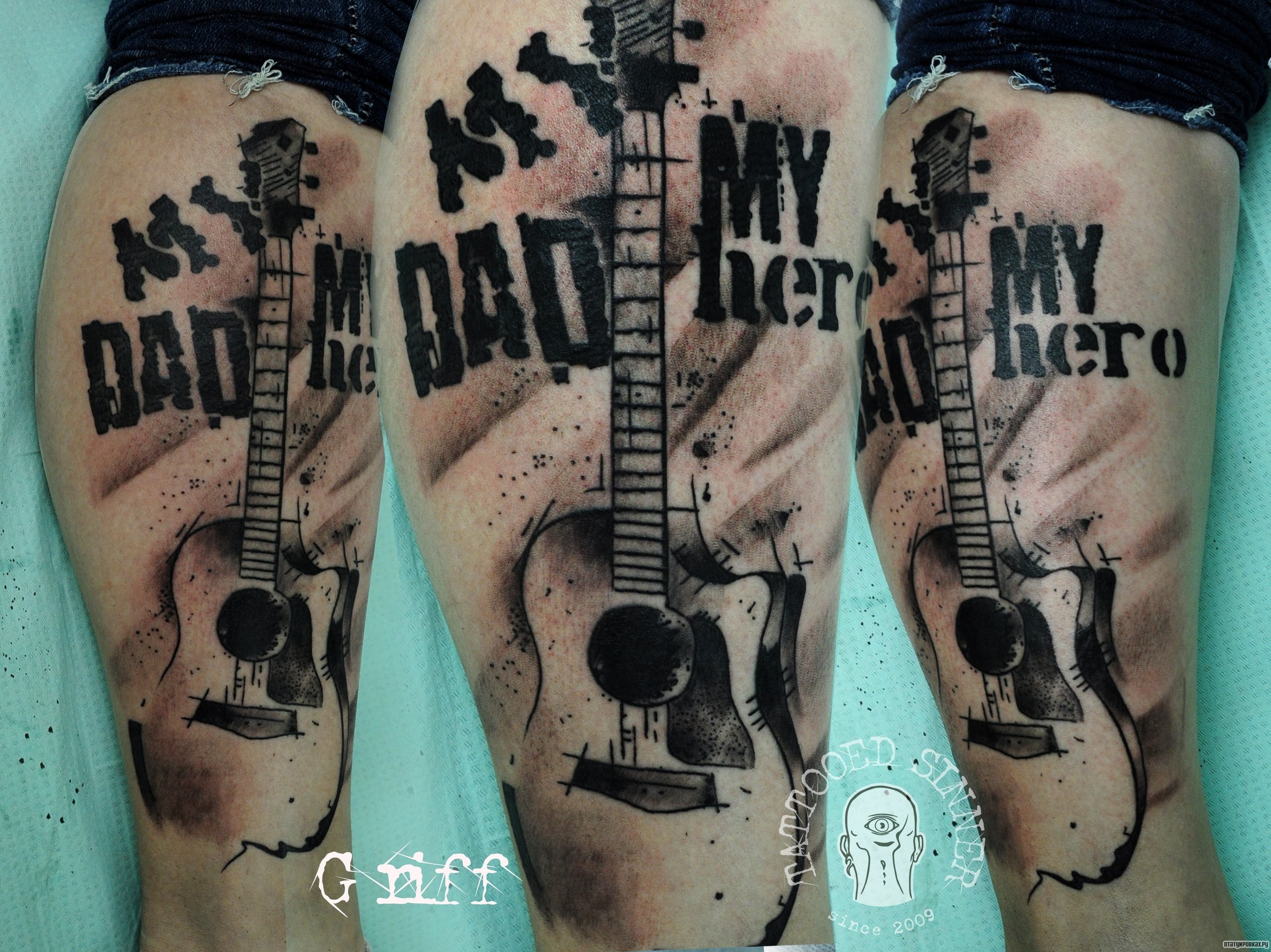 Фотография татуировки под названием «Гитара и надпись dad»