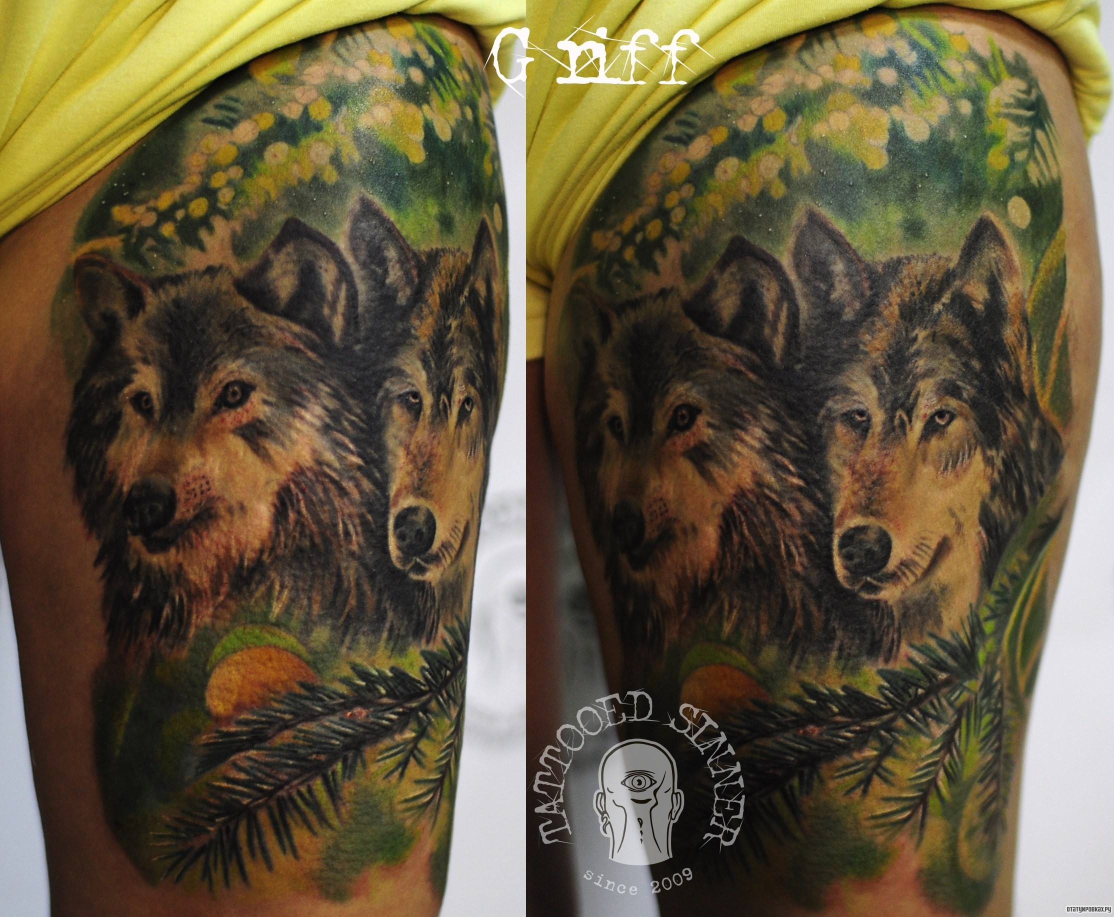 Фотография татуировки под названием «Два волка»