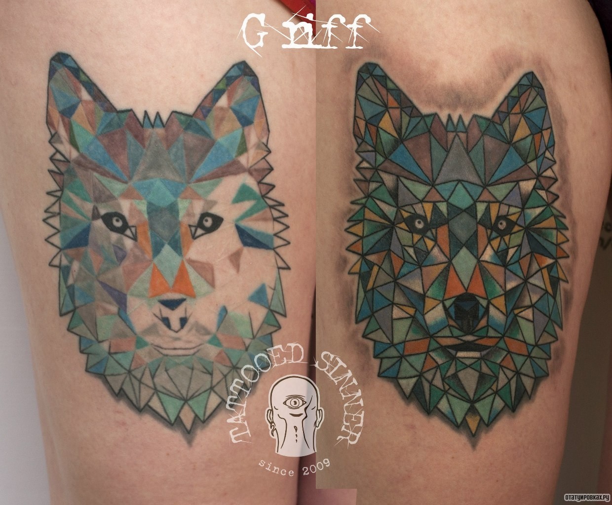 Фотография татуировки под названием «Геометрические морды волков»