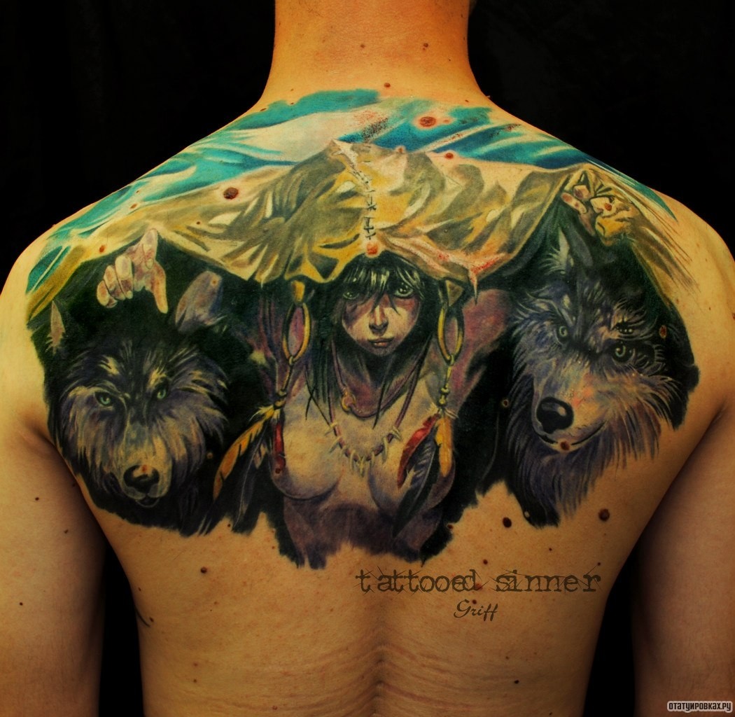 Фотография татуировки под названием «Девушка и волки»