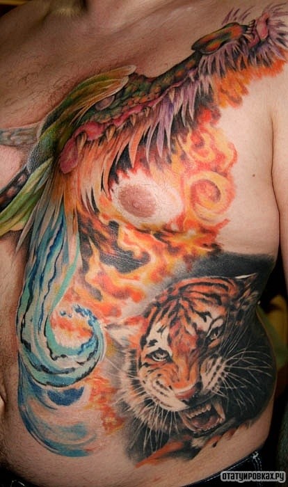 Фотография татуировки под названием «Крокодил и тигр»