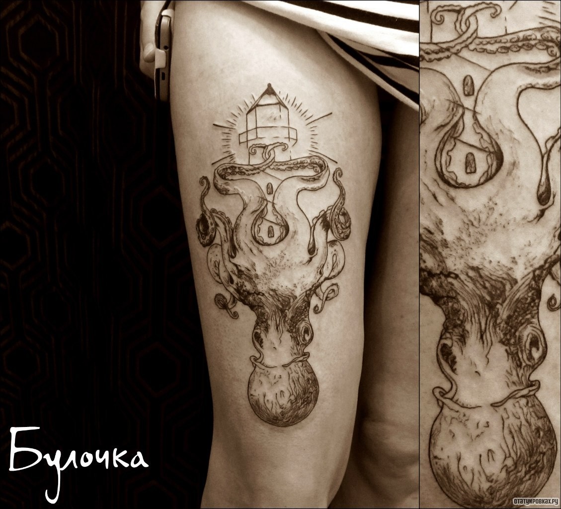 Фотография татуировки под названием «Осьминог и маяк»
