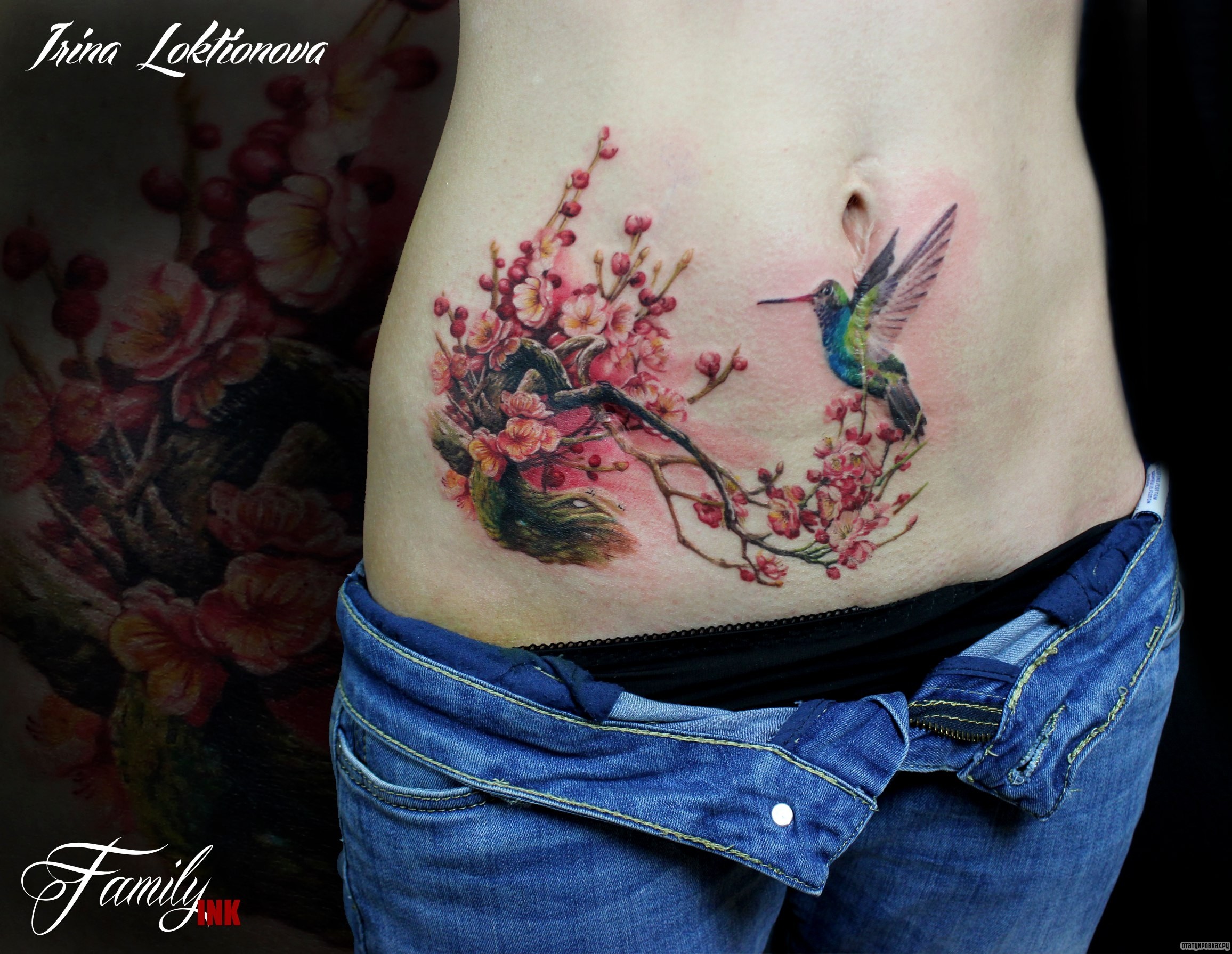 Фотография татуировки под названием «Колибри и сакура»