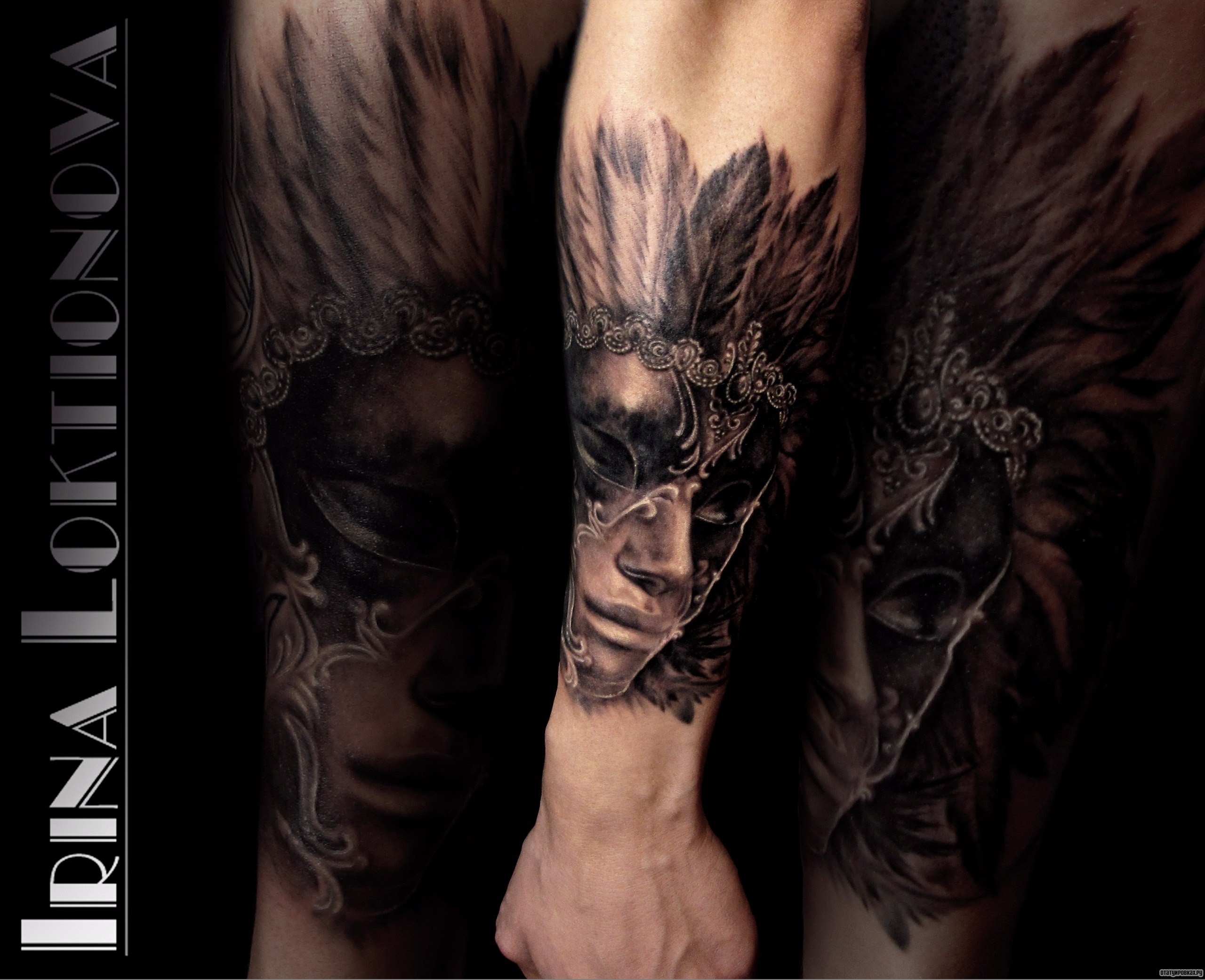 Фотография татуировки под названием «Маска с перьями»