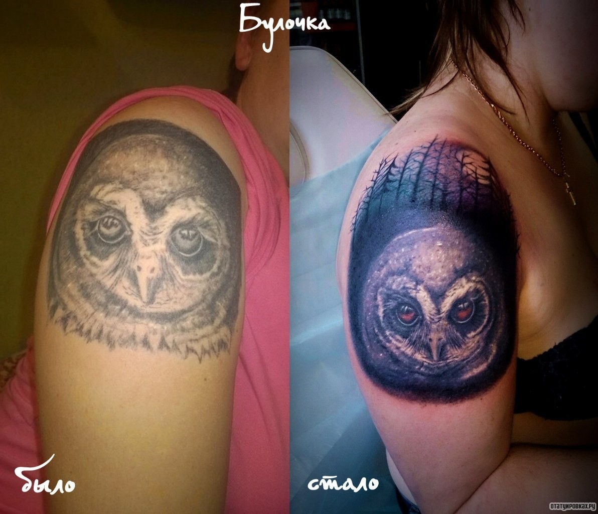 Фотография татуировки под названием «Полнолуние и сова»