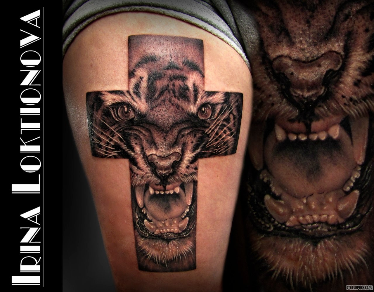 Фотография татуировки под названием «Тигр в кресте»