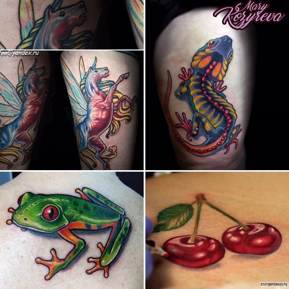 Фотография татуировки под названием «Пегас, ящерица, две вишни и лягушка»