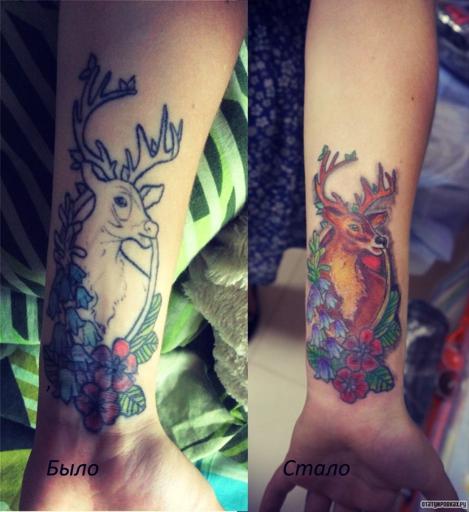 Фотография татуировки под названием «Олень в цветах»