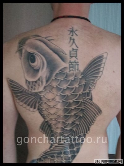 Фотография татуировки под названием «Рыба карп и иероглифы»