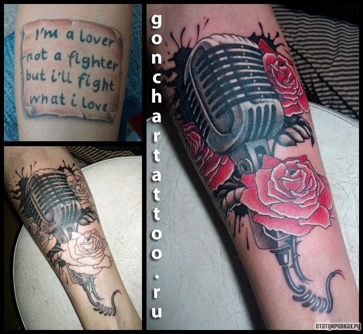 Фотография татуировки под названием «Студийный микрофон и розы»