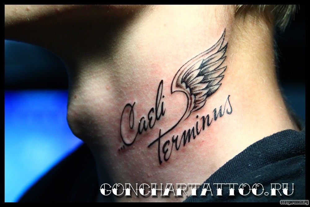 Фотография татуировки под названием «Крыло и надпись»