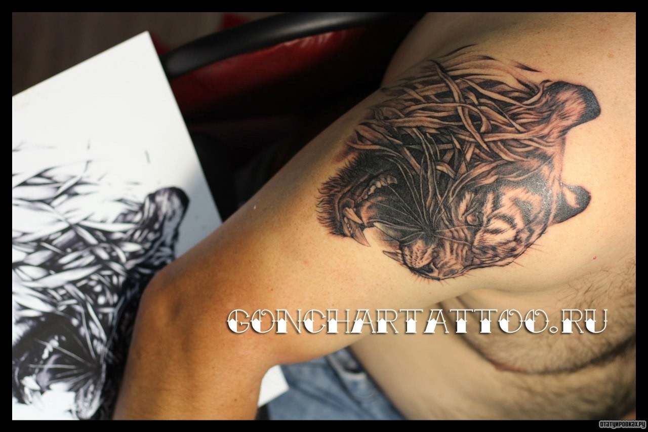 Фотография татуировки под названием «Морда тигра в траве»