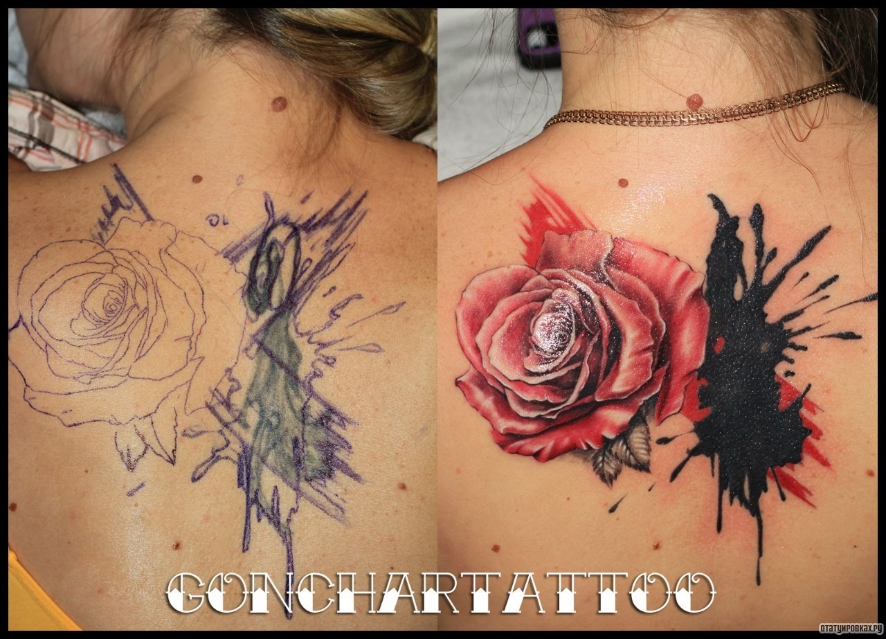 Фотография татуировки под названием «Роза с кляксой треш полька»