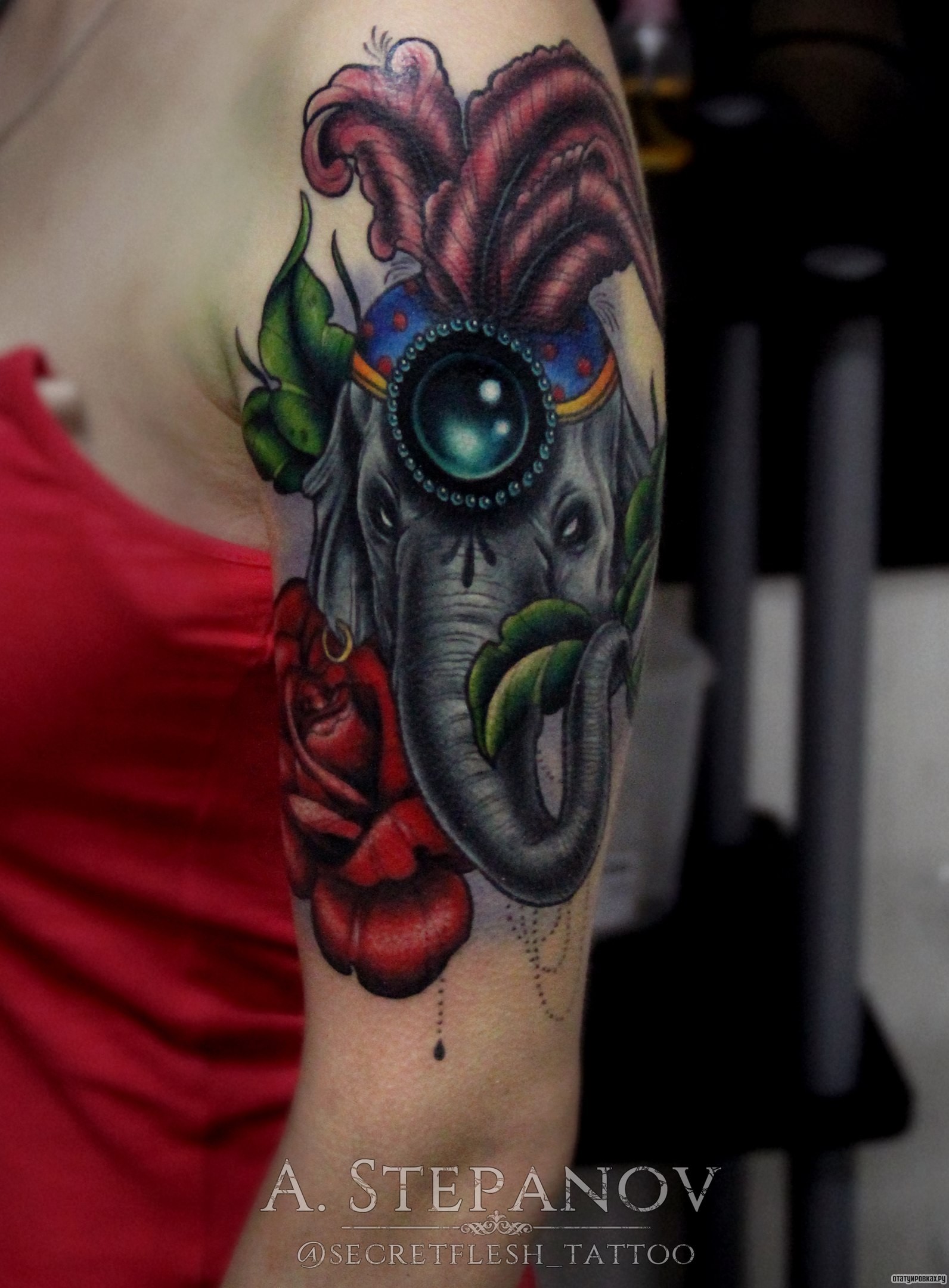 Фотография татуировки под названием «Слон индийский на плече в красках»