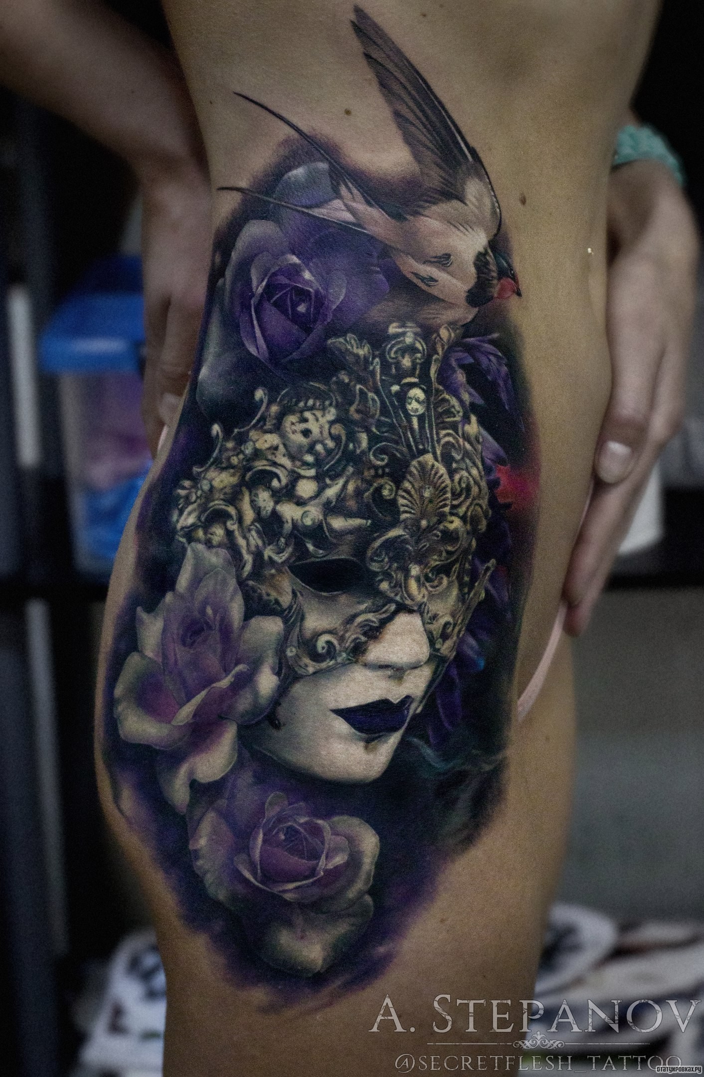 Фотография татуировки под названием «Ласточки с цветами и левушка в маске сбоку тела»