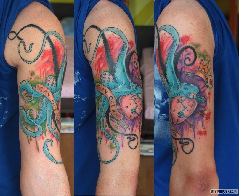 Фотография татуировки под названием «Осьминог и надпись»