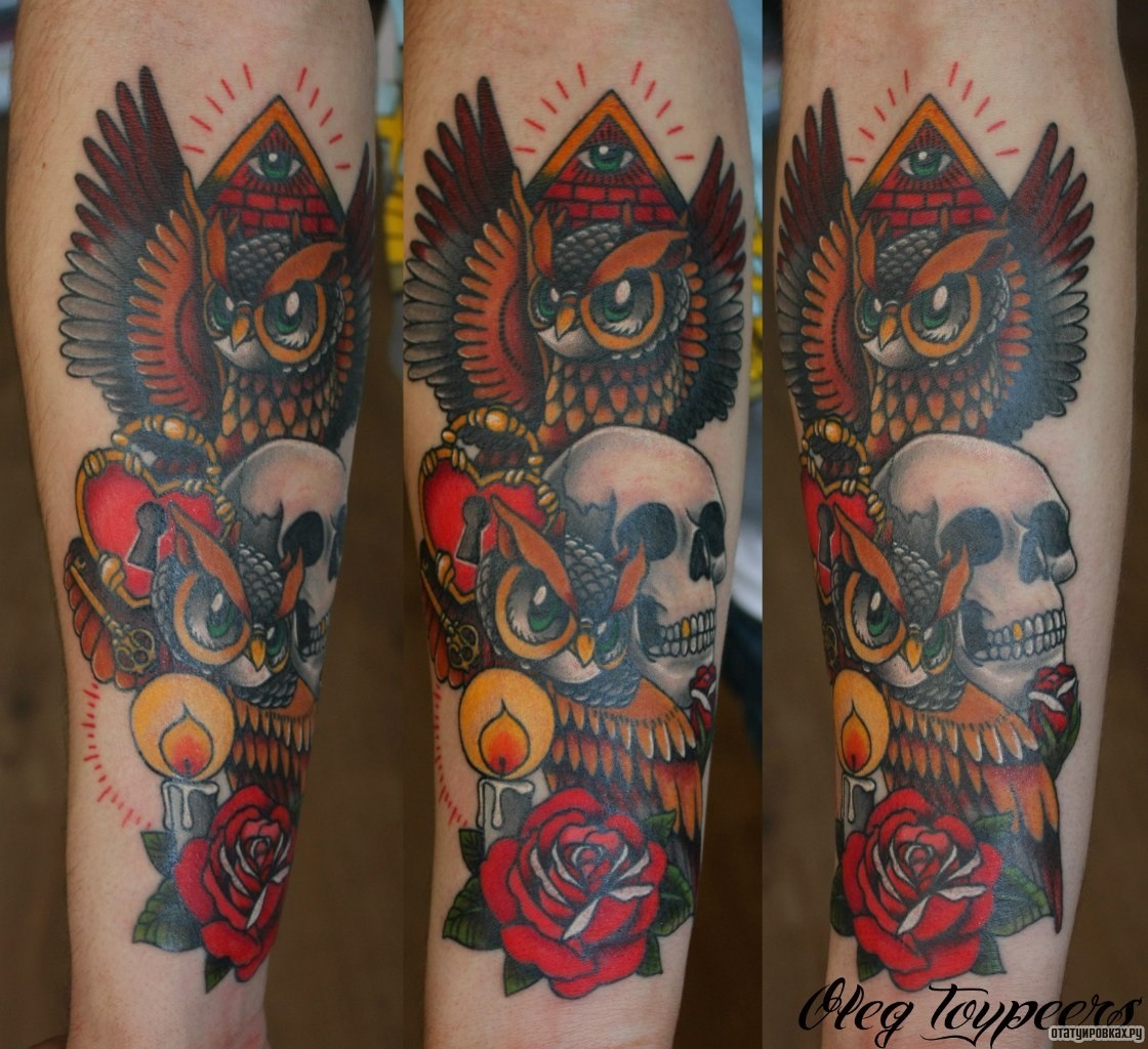 Фотография татуировки под названием «Сова, череп, роза, свеча»